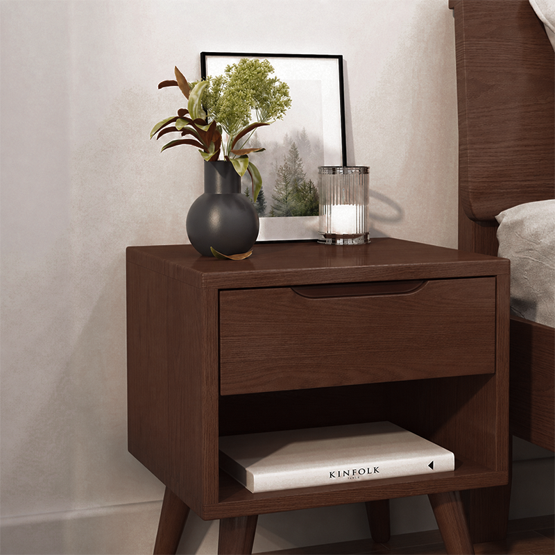 Contemporary Scandinavian Solid Wood &amp; Plywood Cylindrical Square Nightstand With 1/2 Drawers For Bedroom