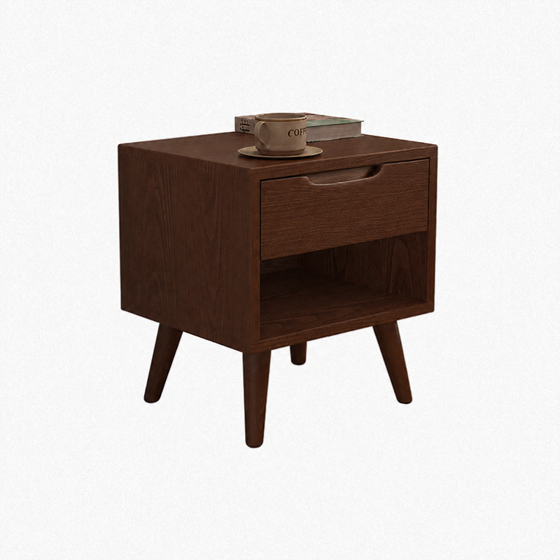 Contemporary Scandinavian Solid Wood &amp; Plywood Cylindrical Square Nightstand With 1/2 Drawers For Bedroom