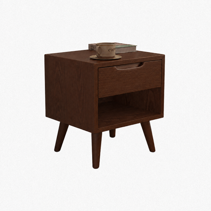 Contemporary Scandinavian Solid Wood &amp; Plywood Cylindrical Square Nightstand With 1/2 Drawers For Bedroom