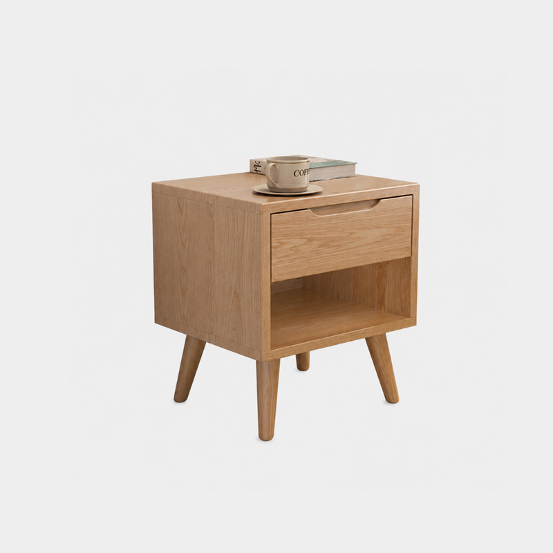 Contemporary Scandinavian Solid Wood &amp; Plywood Cylindrical Square Nightstand With 1/2 Drawers For Bedroom