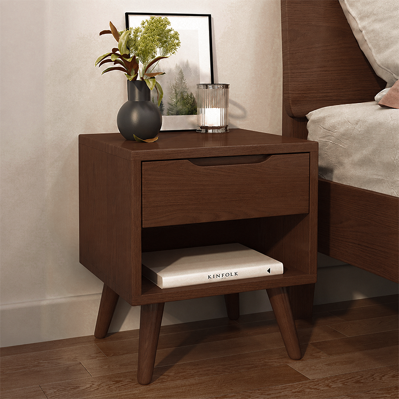 Contemporary Scandinavian Solid Wood &amp; Plywood Cylindrical Square Nightstand With 1/2 Drawers For Bedroom