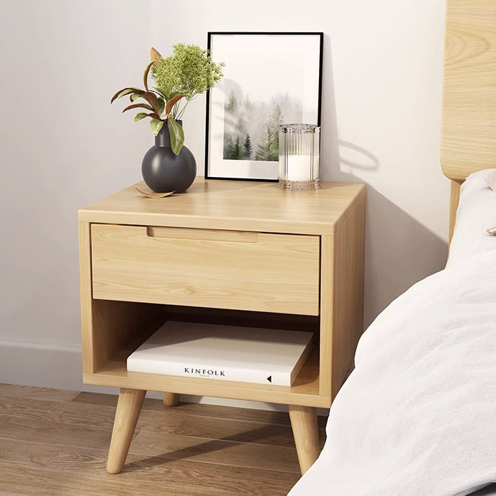 Contemporary Scandinavian Solid Wood Cylindrical Square Nightstand With 1/2 Drawers For Bedroom