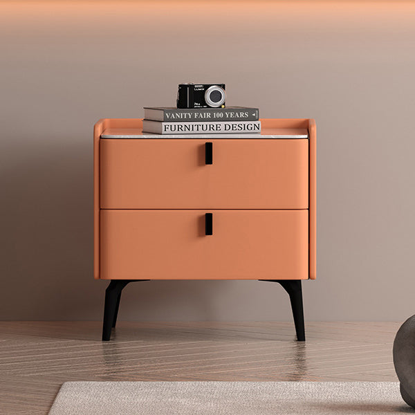 Contemporary Scandinavian Sintered Stone Microfiber Leather Solid Wood Carbon Steel Scythe-Leg Rounded Square Nightstand With 2 Drawers For Bedroom
