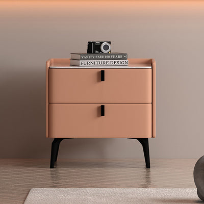 Contemporary Scandinavian Sintered Stone Microfiber Leather Solid Wood Carbon Steel Scythe-Leg Rounded Square Nightstand With 2 Drawers For Bedroom