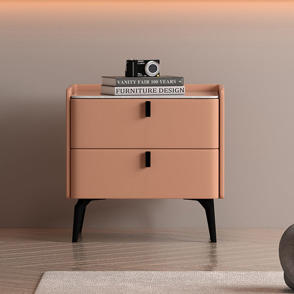 Contemporary Scandinavian Sintered Stone Microfiber Leather Solid Wood Carbon Steel Scythe-Leg Rounded Square Nightstand With 2 Drawers For Bedroom