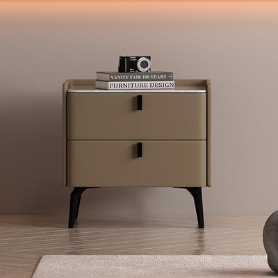 Contemporary Scandinavian Sintered Stone Microfiber Leather Solid Wood Carbon Steel Scythe-Leg Rounded Square Nightstand With 2 Drawers For Bedroom