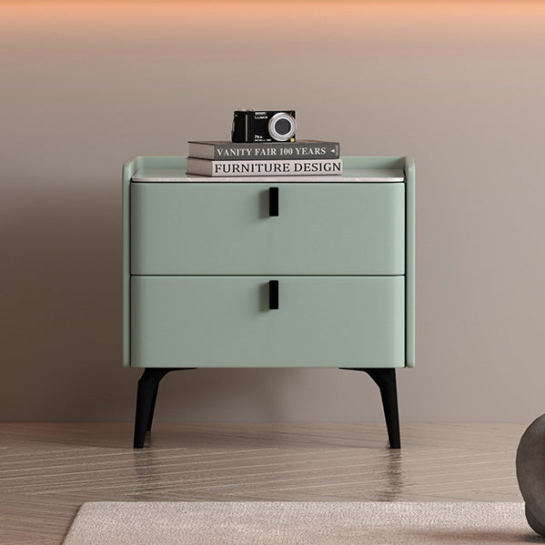 Contemporary Scandinavian Sintered Stone Microfiber Leather Solid Wood Carbon Steel Scythe-Leg Rounded Square Nightstand With 2 Drawers For Bedroom
