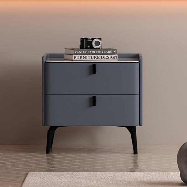Contemporary Scandinavian Sintered Stone Microfiber Leather Solid Wood Carbon Steel Scythe-Leg Rounded Square Nightstand With 2 Drawers For Bedroom