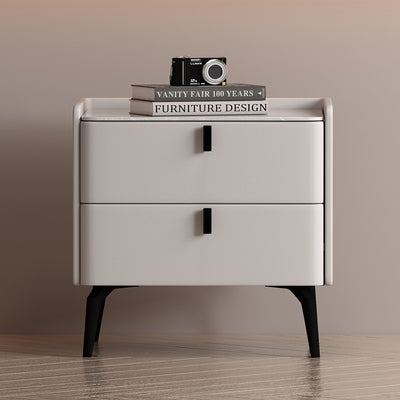 Contemporary Scandinavian Sintered Stone Microfiber Leather Solid Wood Carbon Steel Scythe-Leg Rounded Square Nightstand With 2 Drawers For Bedroom