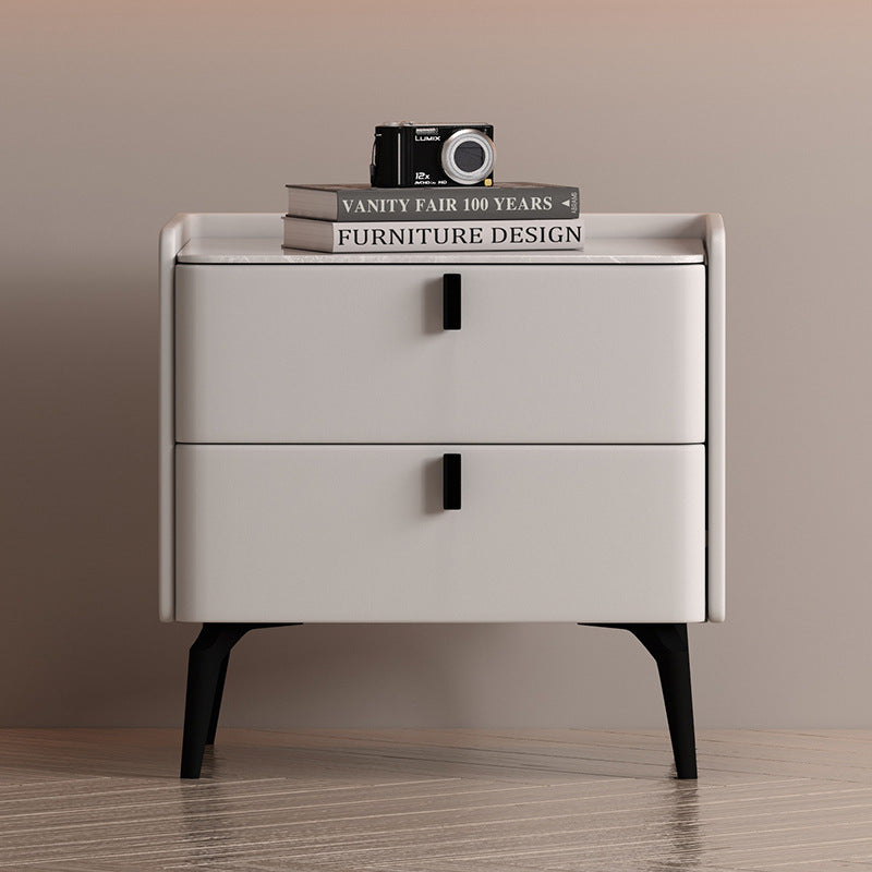 Contemporary Scandinavian Sintered Stone Microfiber Leather Solid Wood Carbon Steel Scythe-Leg Rounded Square Nightstand With 2 Drawers For Bedroom