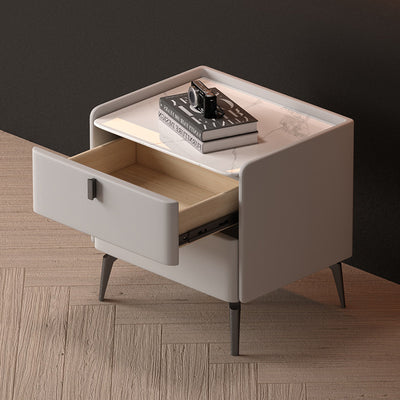 Contemporary Scandinavian Sintered Stone Microfiber Leather Solid Wood Carbon Steel Scythe-Leg Rounded Square Nightstand With 2 Drawers For Bedroom