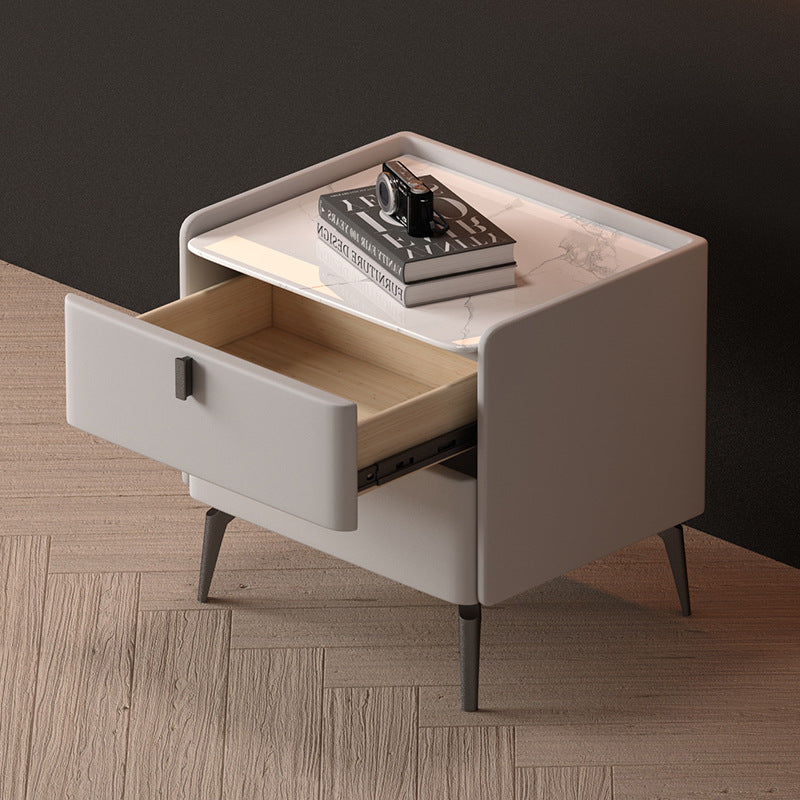 Contemporary Scandinavian Sintered Stone Microfiber Leather Solid Wood Carbon Steel Scythe-Leg Rounded Square Nightstand With 2 Drawers For Bedroom