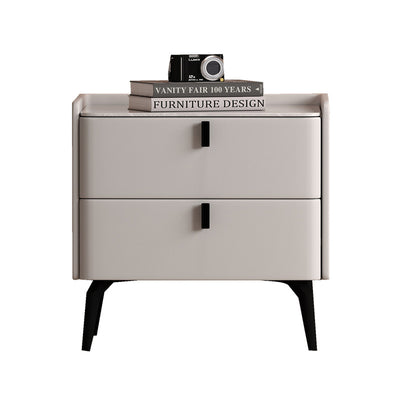 Contemporary Scandinavian Sintered Stone Microfiber Leather Solid Wood Carbon Steel Scythe-Leg Rounded Square Nightstand With 2 Drawers For Bedroom