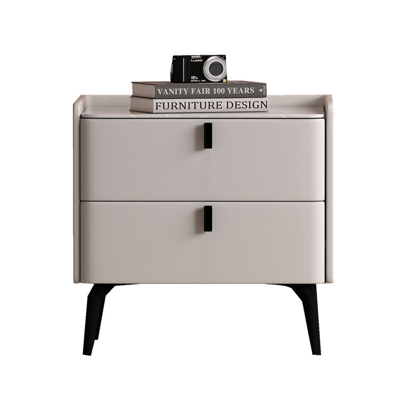 Contemporary Scandinavian Sintered Stone Microfiber Leather Solid Wood Carbon Steel Scythe-Leg Rounded Square Nightstand With 2 Drawers For Bedroom