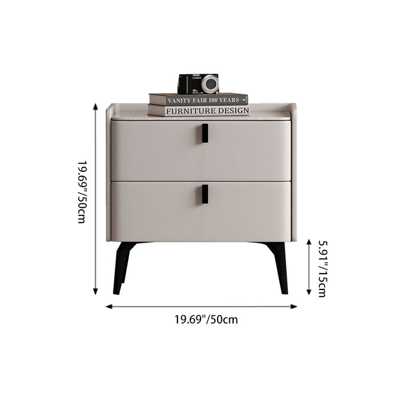 Contemporary Scandinavian Sintered Stone Microfiber Leather Solid Wood Carbon Steel Scythe-Leg Rounded Square Nightstand With 2 Drawers For Bedroom