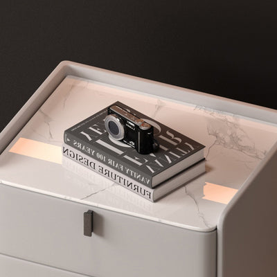 Contemporary Scandinavian Sintered Stone Microfiber Leather Solid Wood Carbon Steel Scythe-Leg Rounded Square Nightstand With 2 Drawers For Bedroom