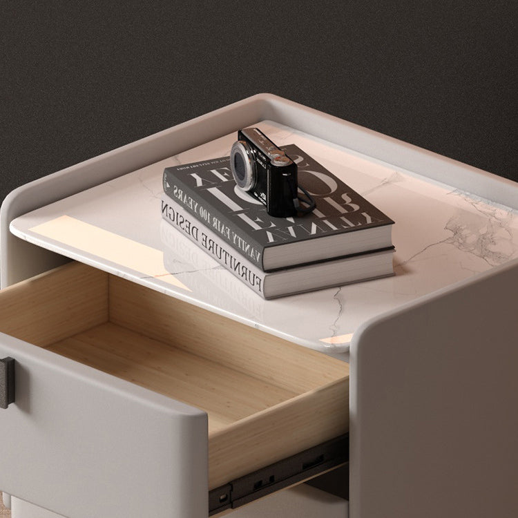 Contemporary Scandinavian Sintered Stone Microfiber Leather Solid Wood Carbon Steel Scythe-Leg Rounded Square Nightstand With 2 Drawers For Bedroom