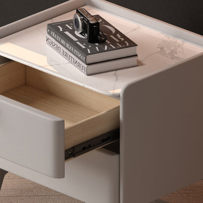 Contemporary Scandinavian Sintered Stone Microfiber Leather Solid Wood Carbon Steel Scythe-Leg Rounded Square Nightstand With 2 Drawers For Bedroom