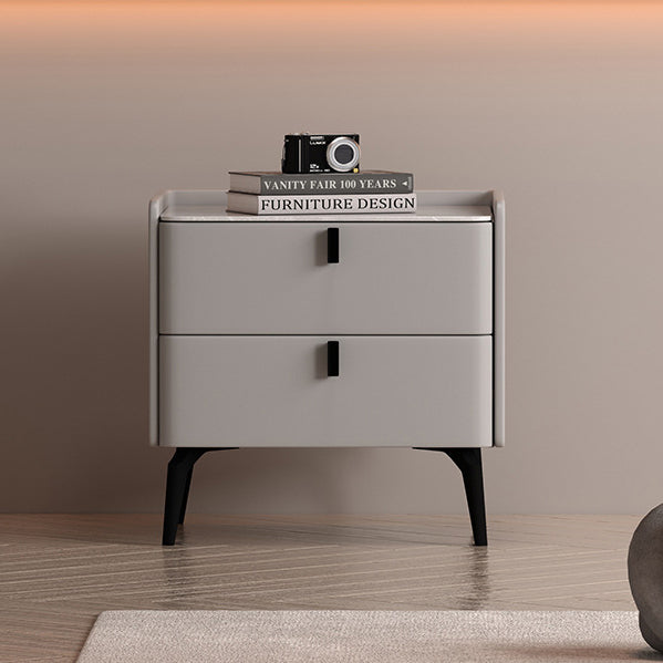 Contemporary Scandinavian Sintered Stone Microfiber Leather Solid Wood Carbon Steel Scythe-Leg Rounded Square Nightstand With 2 Drawers For Bedroom