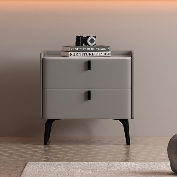 Contemporary Scandinavian Sintered Stone Microfiber Leather Solid Wood Carbon Steel Scythe-Leg Rounded Square Nightstand With 2 Drawers For Bedroom