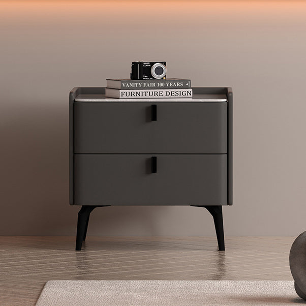 Contemporary Scandinavian Sintered Stone Microfiber Leather Solid Wood Carbon Steel Scythe-Leg Rounded Square Nightstand With 2 Drawers For Bedroom