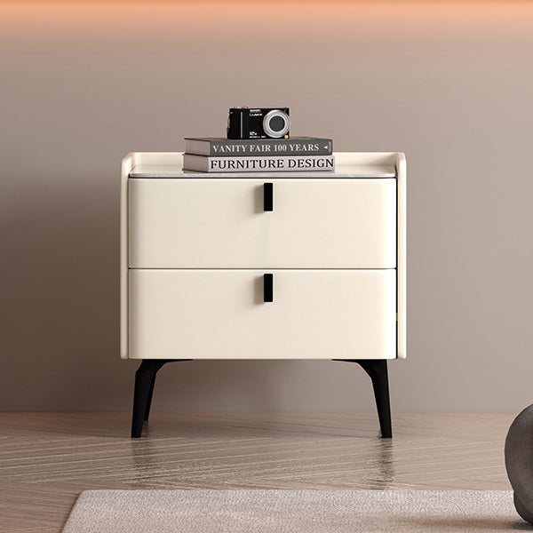 Contemporary Scandinavian Sintered Stone Microfiber Leather Solid Wood Carbon Steel Scythe-Leg Rounded Square Nightstand With 2 Drawers For Bedroom