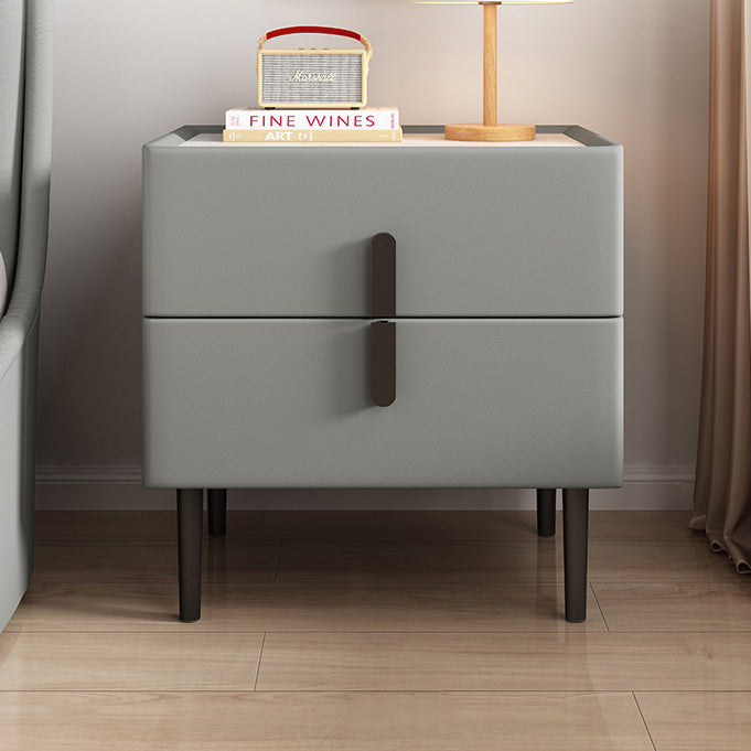 Contemporary Scandinavian Sintered Stone Microfiber Leather Carbon Steel Pine Rounded Square Nightstand 2-Drawer For Bedroom