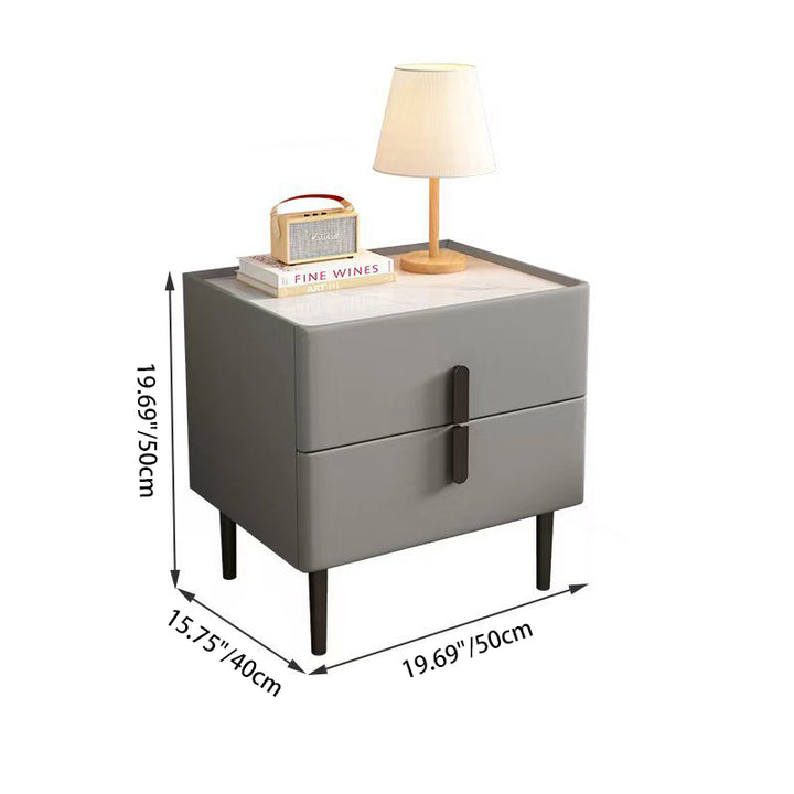 Table de chevet carré arrondi en pin, acier au carbone, cuir en microfibre, pierre frittée scandinave contemporaine à 2 tiroirs pour chambre 