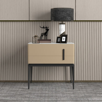 Modern Luxury Sintered Stone Microfiber Leather Solid Wood Carbon Steel Rounded Rectangle Nightstand 2-Drawer For Bedroom
