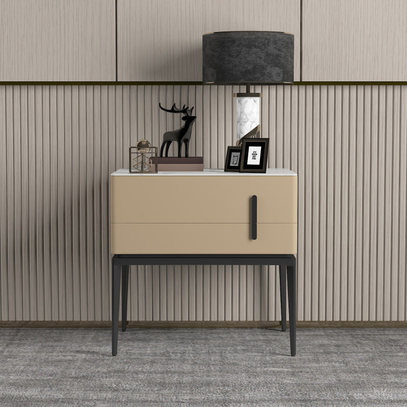 Modern Luxury Sintered Stone Microfiber Leather Solid Wood Carbon Steel Rounded Rectangle Nightstand 2-Drawer For Bedroom