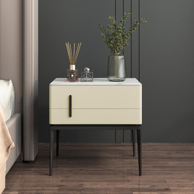 Modern Luxury Sintered Stone Microfiber Leather Solid Wood Carbon Steel Rounded Rectangle Nightstand 2-Drawer For Bedroom