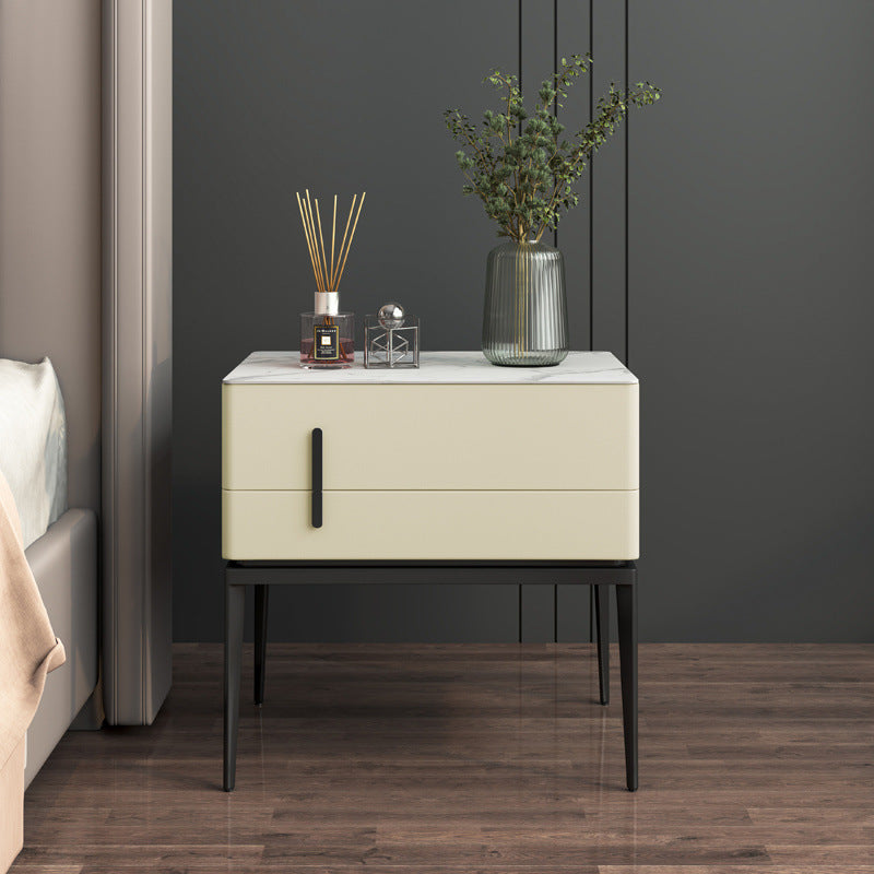 Modern Luxury Sintered Stone Microfiber Leather Solid Wood Carbon Steel Rounded Rectangle Nightstand 2-Drawer For Bedroom
