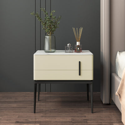 Modern Luxury Sintered Stone Microfiber Leather Solid Wood Carbon Steel Rounded Rectangle Nightstand 2-Drawer For Bedroom