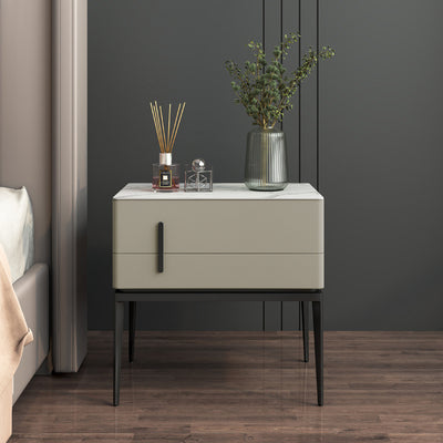 Modern Luxury Sintered Stone Microfiber Leather Solid Wood Carbon Steel Rounded Rectangle Nightstand 2-Drawer For Bedroom