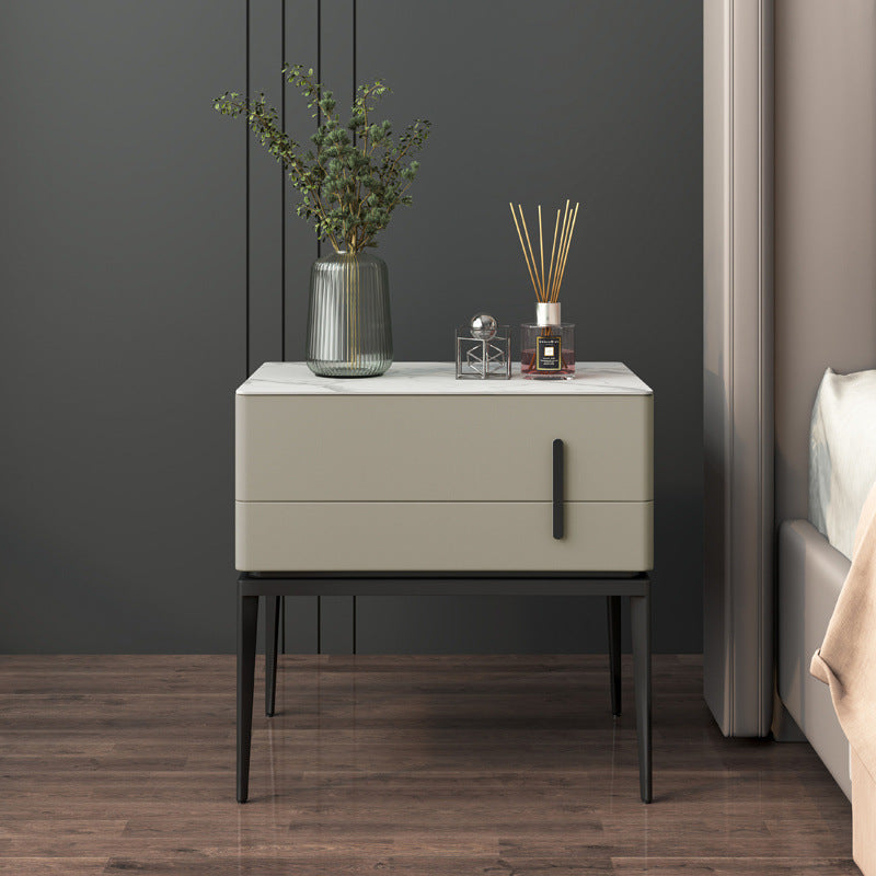 Modern Luxury Sintered Stone Microfiber Leather Solid Wood Carbon Steel Rounded Rectangle Nightstand 2-Drawer For Bedroom