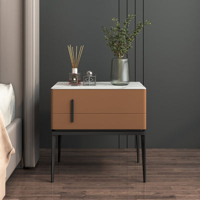 Modern Luxury Sintered Stone Microfiber Leather Solid Wood Carbon Steel Rounded Rectangle Nightstand 2-Drawer For Bedroom