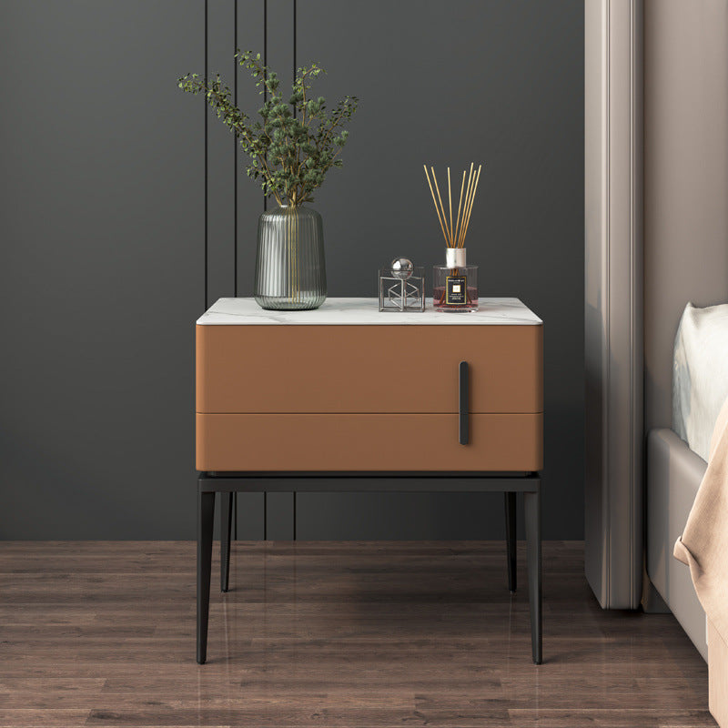 Modern Luxury Sintered Stone Microfiber Leather Solid Wood Carbon Steel Rounded Rectangle Nightstand 2-Drawer For Bedroom