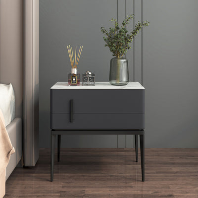 Modern Luxury Sintered Stone Microfiber Leather Solid Wood Carbon Steel Rounded Rectangle Nightstand 2-Drawer For Bedroom