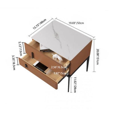 Modern Luxury Sintered Stone Microfiber Leather Solid Wood Carbon Steel Rounded Rectangle Nightstand 2-Drawer For Bedroom