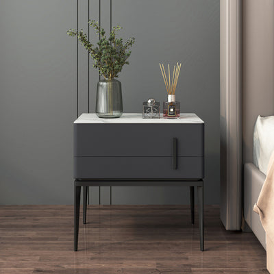 Modern Luxury Sintered Stone Microfiber Leather Solid Wood Carbon Steel Rounded Rectangle Nightstand 2-Drawer For Bedroom
