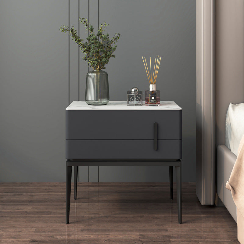 Modern Luxury Sintered Stone Microfiber Leather Solid Wood Carbon Steel Rounded Rectangle Nightstand 2-Drawer For Bedroom