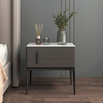 Modern Luxury Sintered Stone Microfiber Leather Solid Wood Carbon Steel Rounded Rectangle Nightstand 2-Drawer For Bedroom