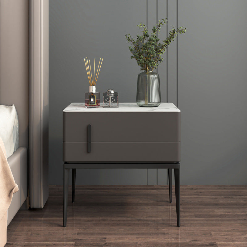 Modern Luxury Sintered Stone Microfiber Leather Solid Wood Carbon Steel Rounded Rectangle Nightstand 2-Drawer For Bedroom