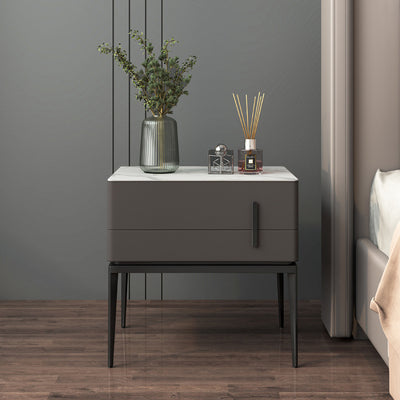 Modern Luxury Sintered Stone Microfiber Leather Solid Wood Carbon Steel Rounded Rectangle Nightstand 2-Drawer For Bedroom