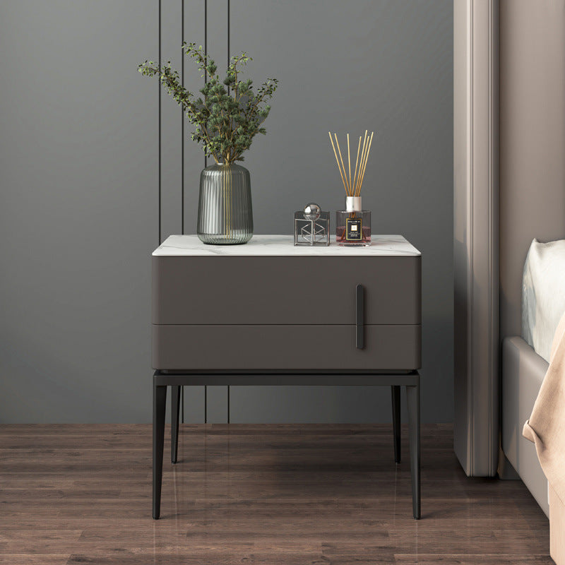Modern Luxury Sintered Stone Microfiber Leather Solid Wood Carbon Steel Rounded Rectangle Nightstand 2-Drawer For Bedroom