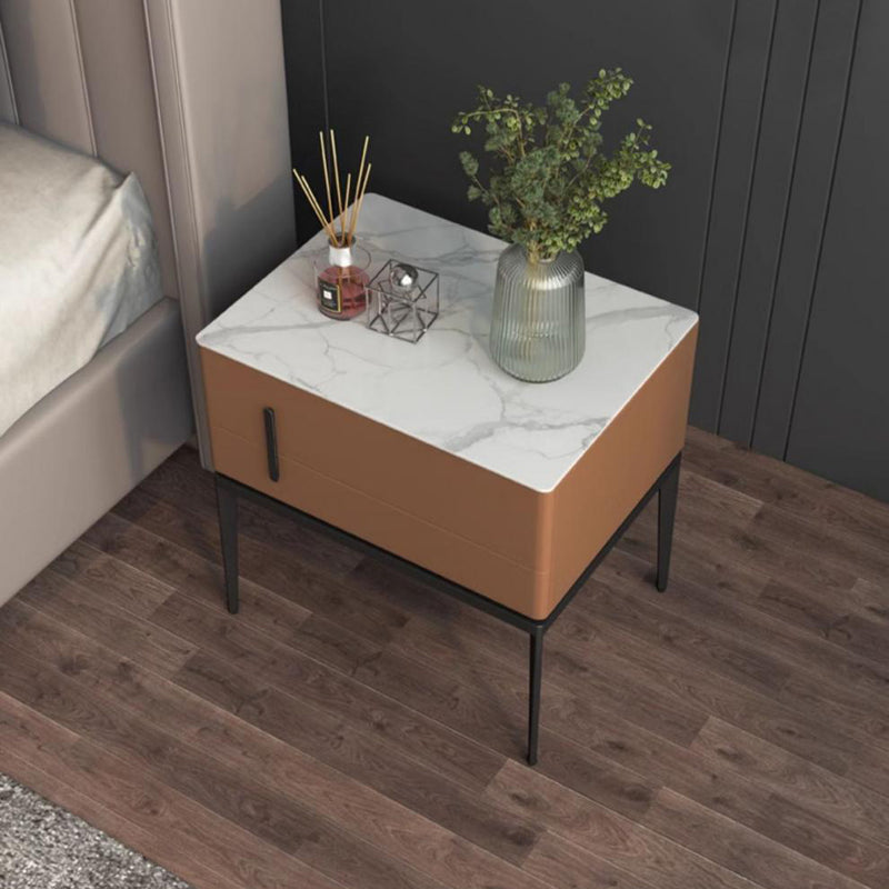 Modern Luxury Sintered Stone Microfiber Leather Solid Wood Carbon Steel Rounded Rectangle Nightstand 2-Drawer For Bedroom