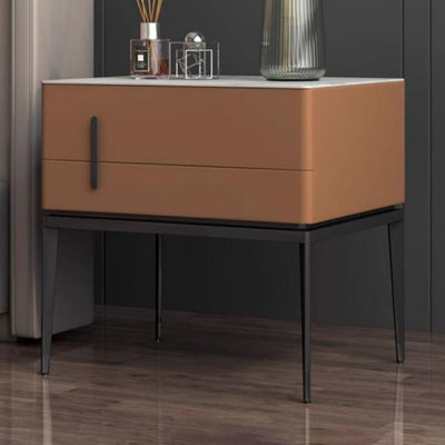 Modern Luxury Sintered Stone Microfiber Leather Solid Wood Carbon Steel Rounded Rectangle Nightstand 2-Drawer For Bedroom