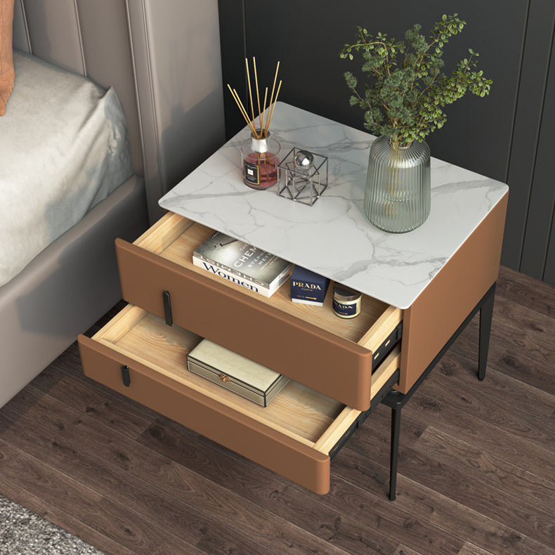 Modern Luxury Sintered Stone Microfiber Leather Solid Wood Carbon Steel Rounded Rectangle Nightstand 2-Drawer For Bedroom