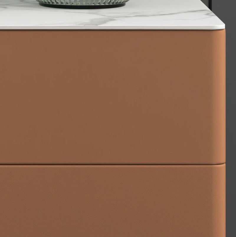 Modern Luxury Sintered Stone Microfiber Leather Solid Wood Carbon Steel Rounded Rectangle Nightstand 2-Drawer For Bedroom