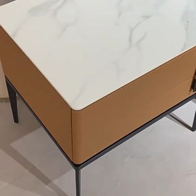 Modern Luxury Sintered Stone Microfiber Leather Solid Wood Carbon Steel Rounded Rectangle Nightstand 2-Drawer For Bedroom